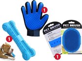 Honden Verzorgingsset - Honden Tandenborstel (Blauw) + Vachtborstel voor Hond (Blauw) +  Dierenhaar Handschoen