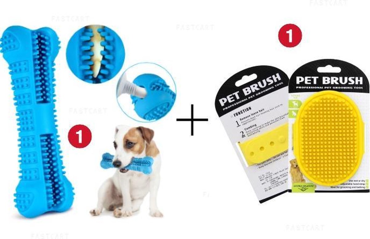 Honden Verzorgingsset - Honden Tandenborstel (Blauw) en Vachtborstel voor Hond (Geel)
