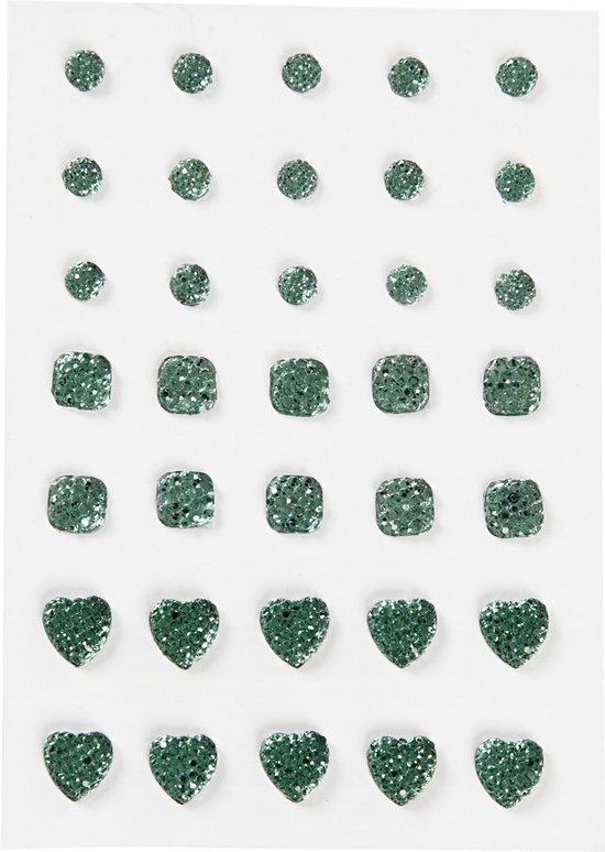 Strasstenen, rond, vierkant, hart, afm 6+8+10 mm, groen, 35 stuk/ 1 doos