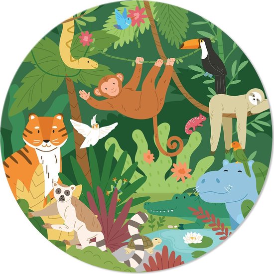 Graphic Message - Wandcirkel - Jungle Dieren - Kinderkamer - Print op Cirkel - Rond Schilderij
