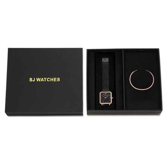 SJ WATCHES Geschenkset Masqat Horloge 28.5mm + Armbandje - Gift set - Geschenkset voor vrouwen - Zwarte dames horloge geschenkset