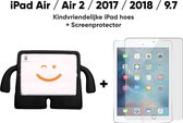 Apple iPad Air / iPad Air 2 / iPad 2017 / iPad 2018 / iPad 9.7 Kindvriendelijk Kind Hoes Zwart + Screenprotector / Tempered Glass