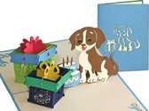 Popcards popupkaarten – Hond met 3 Kaarsjes Taart en Cadeautjes Kinderen Verjaardag Felicitatie pop-up kaart
