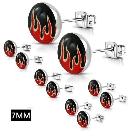 Aramat jewels ® - Oorbellen zweerknopjes vlammen rood zwart acryl staal 7mm