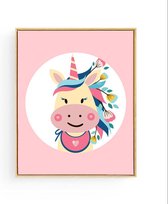 Poster Unicorn Roze met Bloemetje - 80x60cm - Dieren - Meisjeskamer - Baby / Kinderkamer Muurdecoratie
