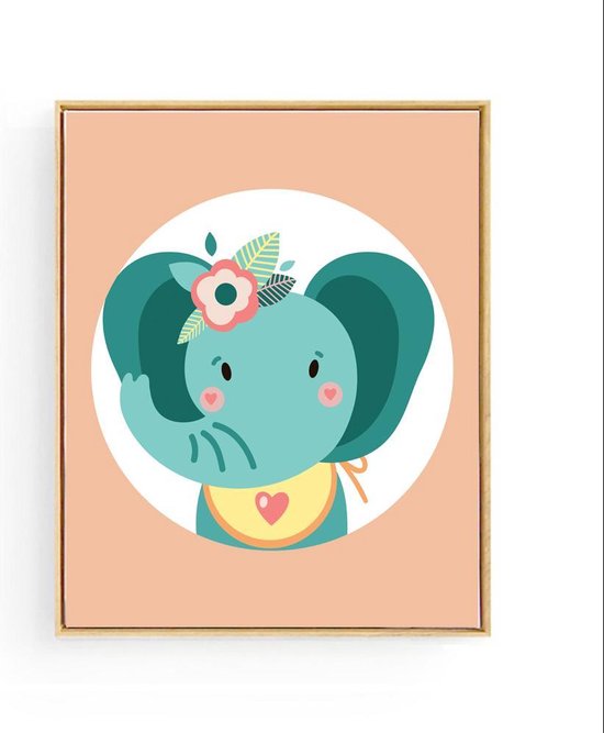 Poster Olifant Oranje met Bloemetje - 70x50cm - Dieren - Baby / Kinderkamer Muurdecoratie