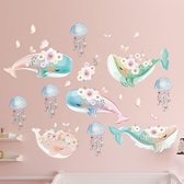 Muursticker | Walvissen met Bloemen | Wanddecoratie | Muurdecoratie | Slaapkamer | Kinderkamer | Babykamer | Jongen | Meisje | Decoratie Sticker |