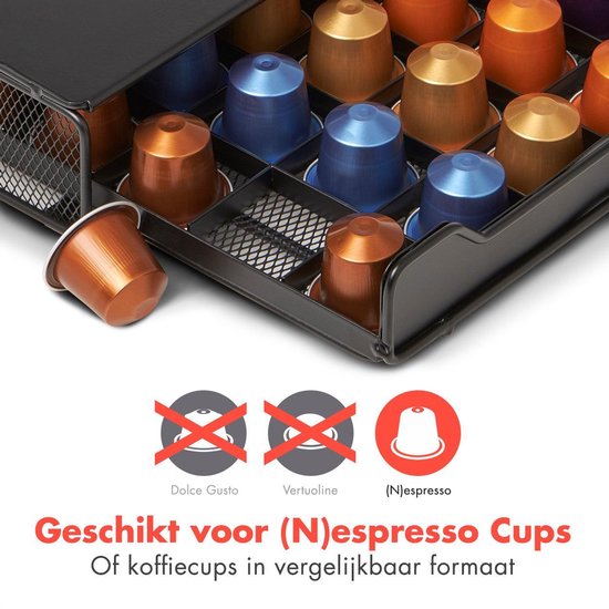 Porte-capsule KitchenBrothers avec un tiroir - Support à capsules et pads de café expresso - 60 capsules - Acier inoxydable - Noir