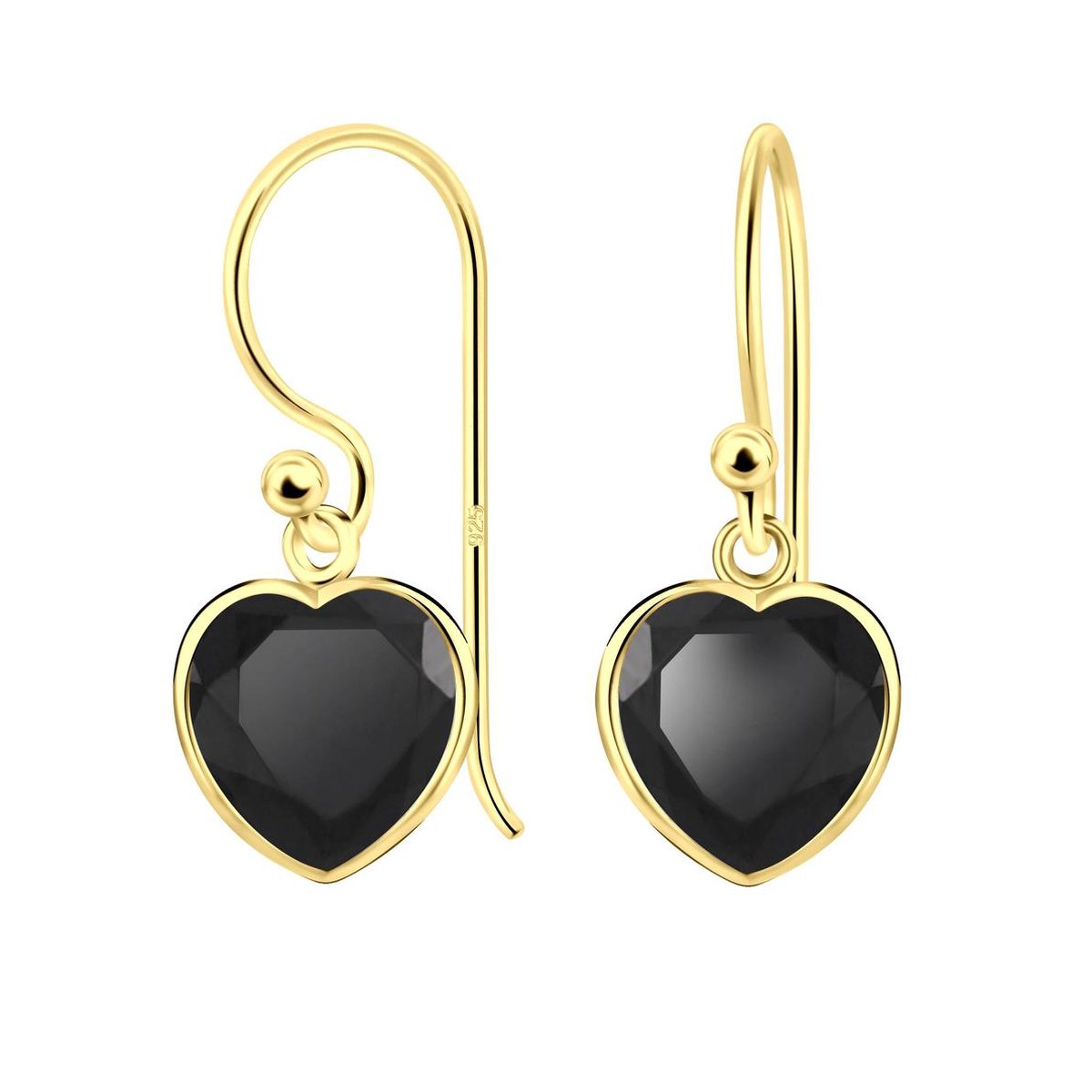 Joy|S - Zilveren hart oorbellen - zirkonia 8 mm zwart - gold plated