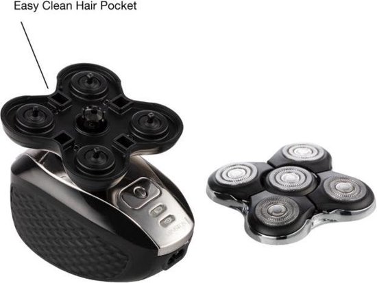 Zwart scheerapparaat met afneembare scheerkop die de 'Easy Clean Hair Pocket' toont. Naast het apparaat ligt de afneembare scheerkop.