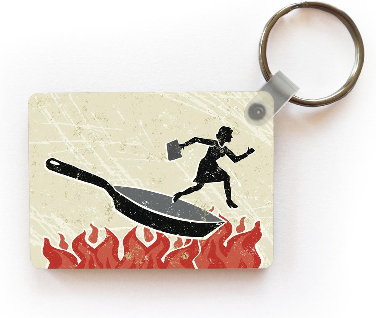 Porte-clés Poêle à frire Illustration - Une illustration d'une femme  sautant d'une... | bol.com