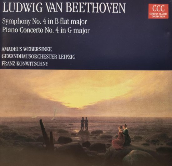 CD-hoes met de titel LUDWIG VAN BEETHOVEN, Symphony No. 4 in B flat major, Piano Concerto No. 4 in G major. Afbeelding van een zonsondergang boven zee met twee silhouetten van mensen.