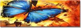 Schilderij - Prachtige Blauwe Vlinder, 120x40cm.   1 deel incl ophangmateriaal