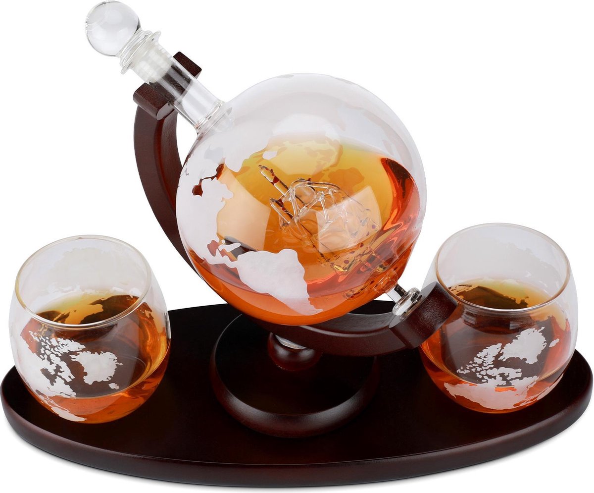 WhisKing Whiskey Karaf Incl. 2 Whiskey Glazen - Decanteer Karaf Wereldbol Design – incl. accessoires - WhisKing