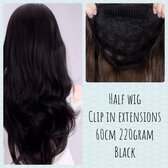Half wig pruik 3/4 wig clip in hair extensions zwart 220gram 60cm net human hair