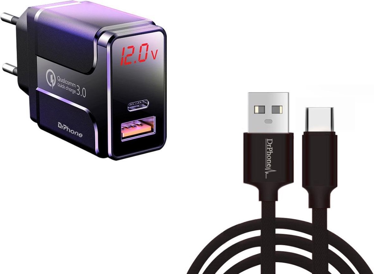 DrPhone HALO5-x-SW 18W Lader LED Display - 3 Meter Lange Gevlochten Kabel - Oplaadkabel Geschikt Voor Nintendo Switch / Switch Lite