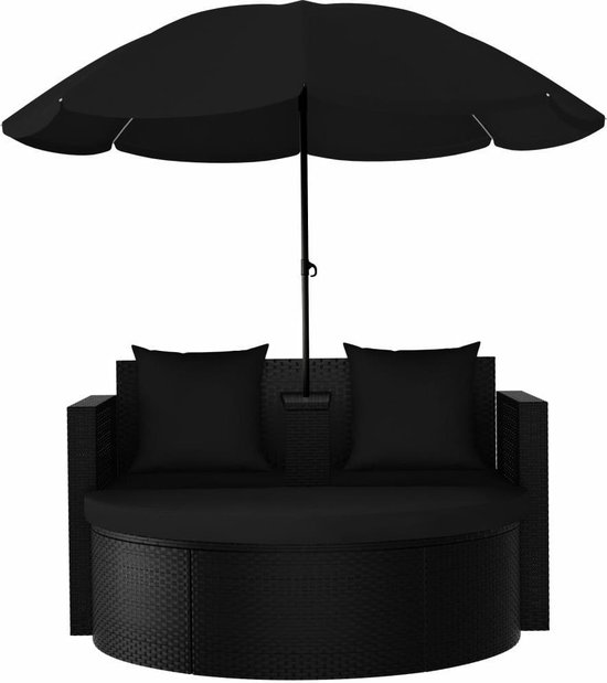 vidaXL Lit de jardin avec parasol noir en poly rotin