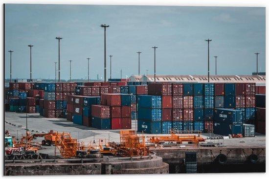 Dibond - Zeecontainers in de Haven - 60x40cm Foto op Aluminium (Wanddecoratie van metaal)