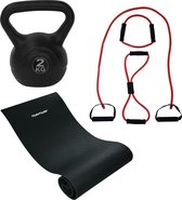 Tunturi - Fitness Set - Kettlebell 2 kg - Fitnessmat 160 x 60 x 0,7 cm - Tubing Set Rood