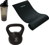Tunturi - Fitness Set - Kettlebell 12 kg - Fitnessmat 160 x 60 x 0,7 cm - Shakebeker