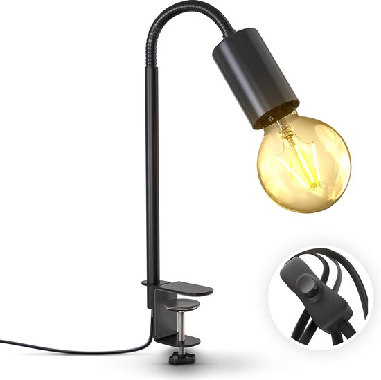 B.K.Licht - Lampe à pince - lampe de lecture - avec interrupteur à câble -  pivotante - métal - noir - excl. E27