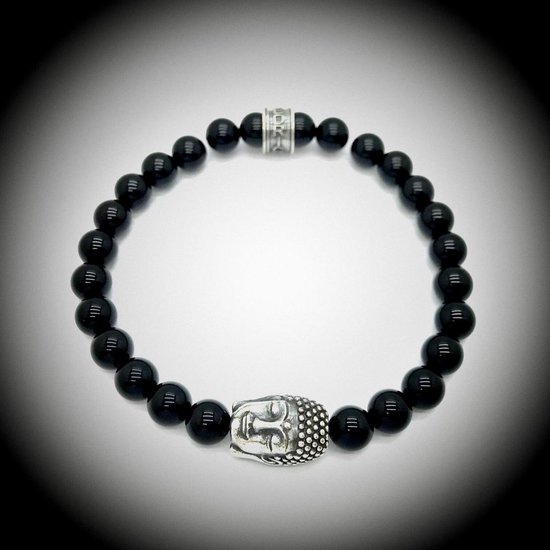 Bracelet en Natuursteen avec breloque Bouddha / Bouddha en Argent sterling 925 de 13 grammes d' Argent , bracelet en pierres précieuses fait à la main avec des perles de 8 mm ( Onyx brillant).