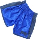 Blauwe vechtsportbroek met zwarte zijkanten en zwart PR logo.