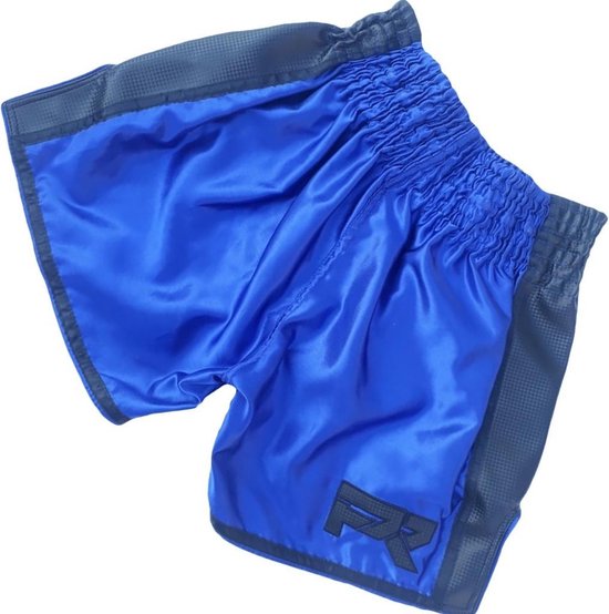 Blauwe vechtsportbroek met zwarte zijkanten en zwart PR logo.