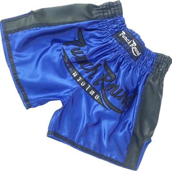 Blauwe Punch Round™ vechtsportbroek met zwarte accenten en logo.