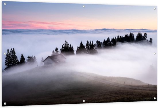 Tuinposter – Boomtoppen in de Mist - 150x100cm Foto op Tuinposter  (wanddecoratie voor buiten en binnen)