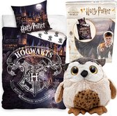 Harry Potter Hogwarts Dekbedovertrek - Eenpersoons - 140 x 200 cm - Katoen, incl. Pluche knuffel Uil 21 cm