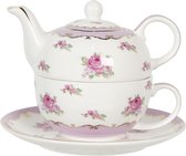 Clayre & Eef Tea for One 400 ml / 250 ml Wit Roze Porselein Rond Theepot set