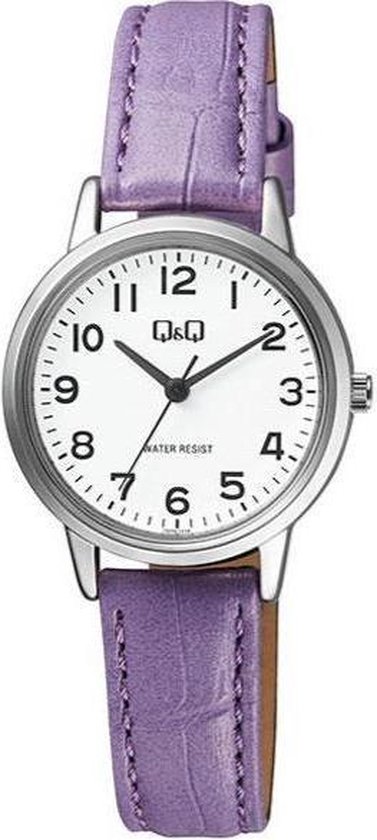 Q&Q Q925J334Y - Horloge - Vrouwen - Dames - Leren band - Rond - Staal - Paars - Zilverkleurig