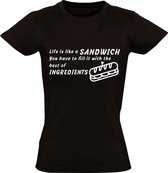 Life is like a sandwich, you have to fill it with the best ingredients  Heren t-shirt | lunchroom | leven | filosofie | vegetarier | restaurant | eten | kado | Zwart