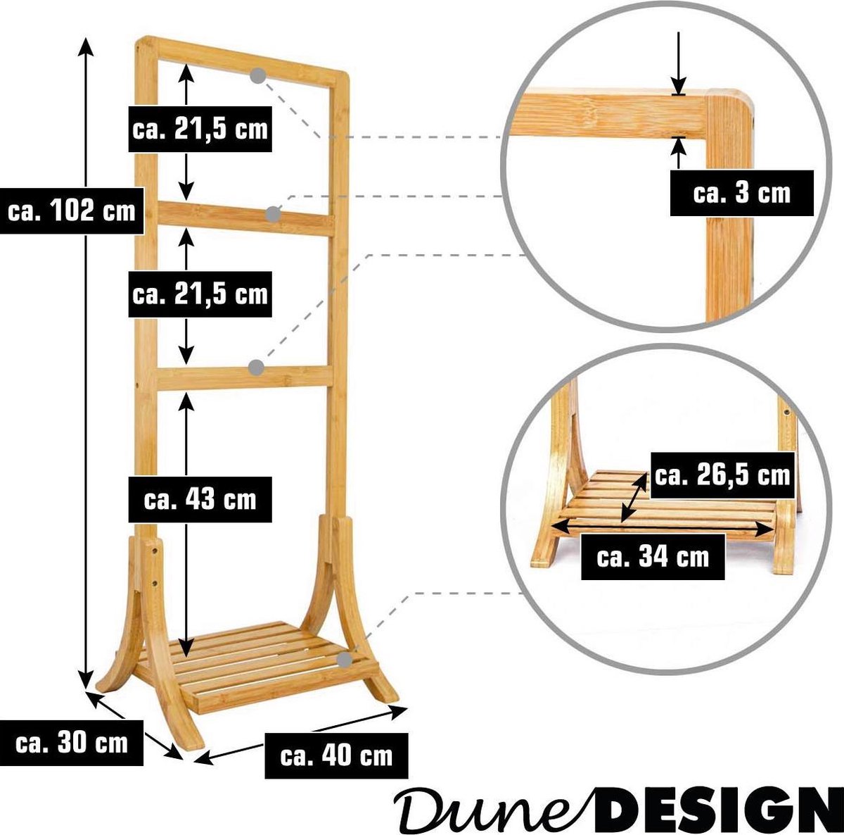 Kleankin bamboe handdoekladder, opvouwbaar, 3 planken, 3 handdoekhouders, 53 cm x 30,5 cm x 152 cm, naturel