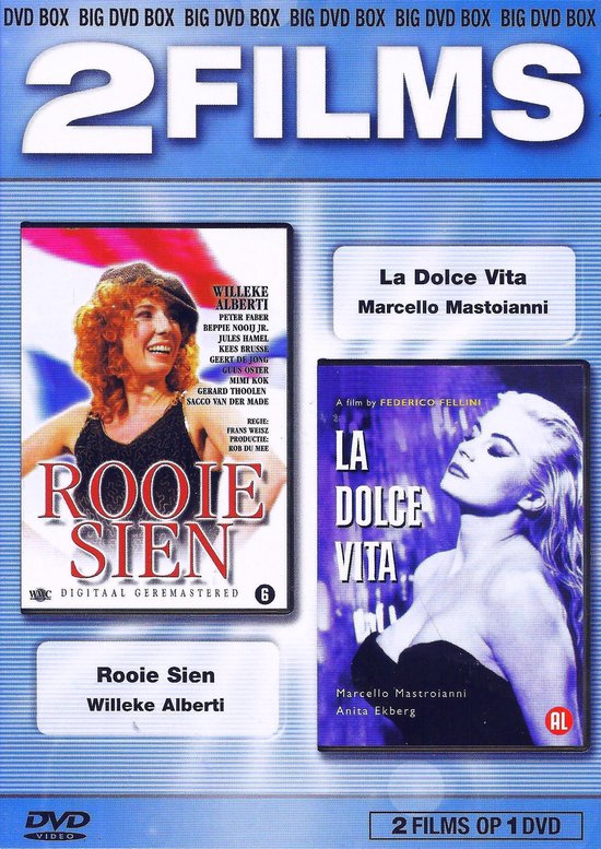 DVD-hoes met 'Rooie Sien' en 'La Dolce Vita'. 'Rooie Sien' toont een lachende Willeke Alberti. 'La Dolce Vita' toont een profiel van Anita Ekberg.