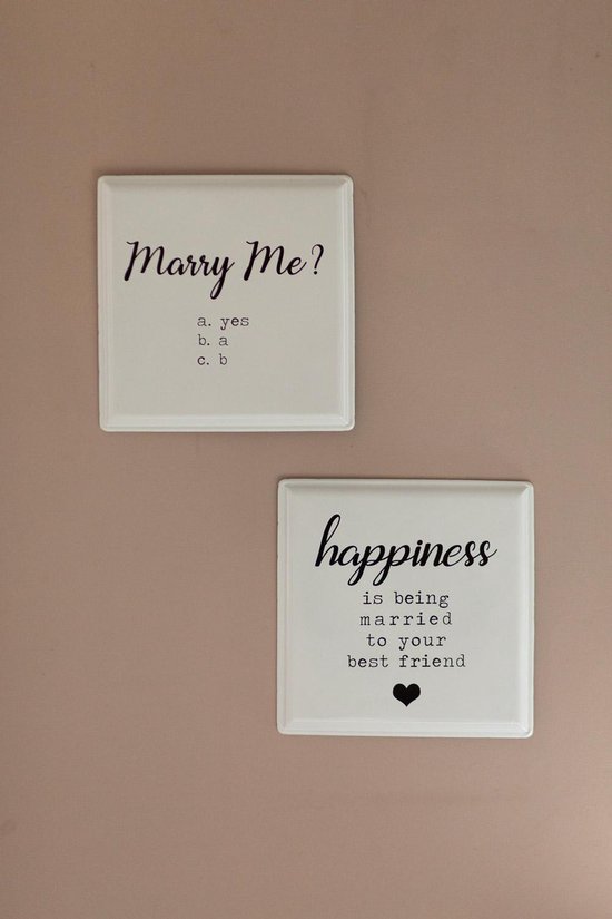 J-Line Plakkaat Happiness/Marry Me Metaal Wit 2 - leuk als huwelijksaanzoek of Valentijngeschenk