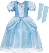 Luxe Assepoester prinsessenjurk kind blauw + handschoenen - 122/128 (130) 7-8 jaar