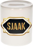 Sjaak naam cadeau spaarpot met gouden embleem - kado verjaardag/ vaderdag/ pensioen/ geslaagd/ bedankt