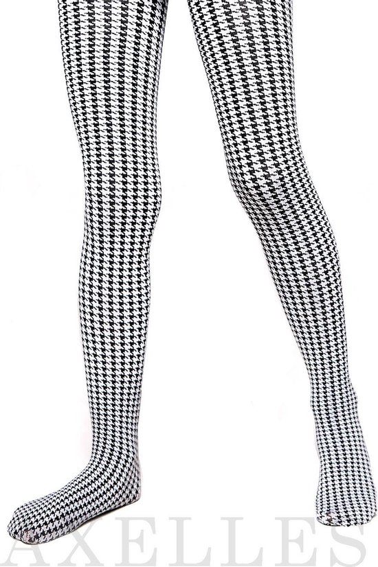 Trendy kinderpanty, pied-de-poule patroon 60-DEN, zwart-wit, maat 116-122.