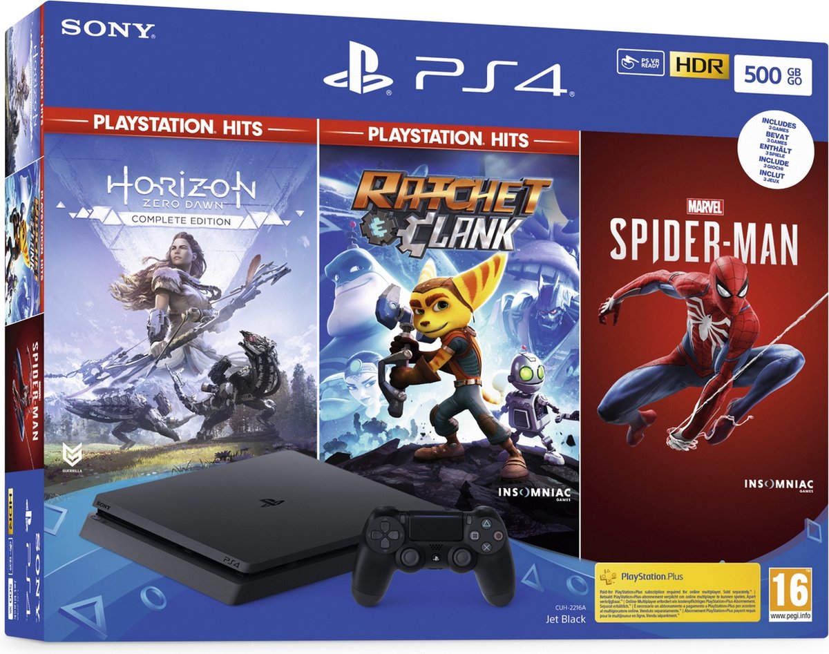 Sony PlayStation 4 Slim console 500GB + Spiderman + Horizon: Zero Dawn + Ratchet & Clank - Sony