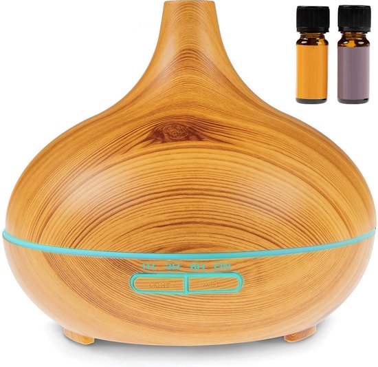 LifeGoods Aroma Diffuser 300ML voor Aromatherapie - Incl. 2x Etherische Olie - Woodgrain Hout Design