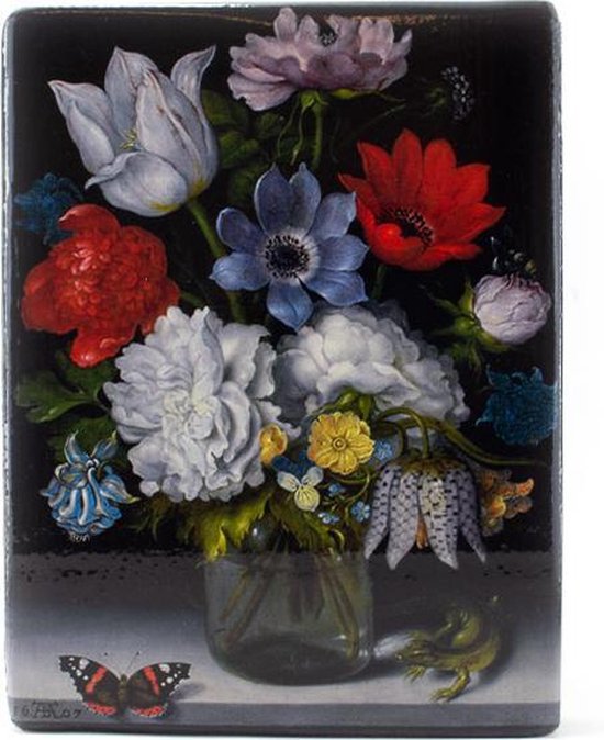 Decoratief Beeld - Meesters-op-hout. Bloemstilleven Met Vlinder. Bosschaert. - Hout - Lanzfeld - Multicolor - 19.5 X 3 Cm