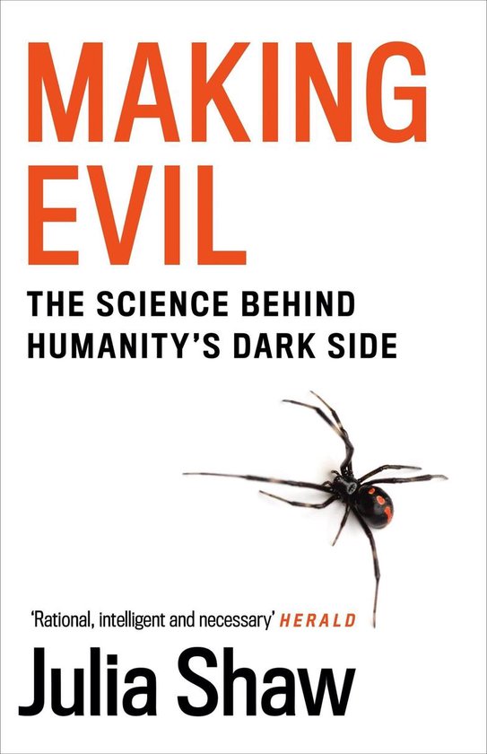 Boek 'MAKING EVIL: THE SCIENCE BEHIND HUMANITY'S DARK SIDE' met een zwarte weduwe spin. Geschreven door Julia Shaw.