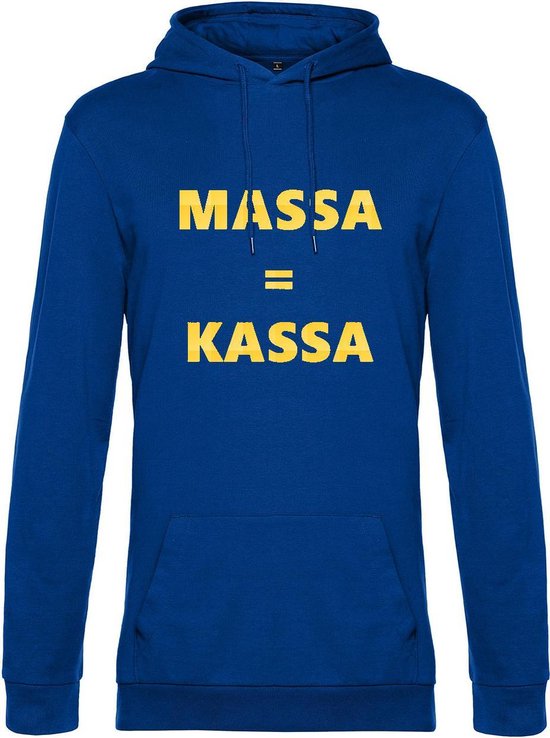 Hoodie met opdruk “Massa is kassa” Blauwe hoodie met gele opdruk – Goede pasvorm, fijn draag comfort