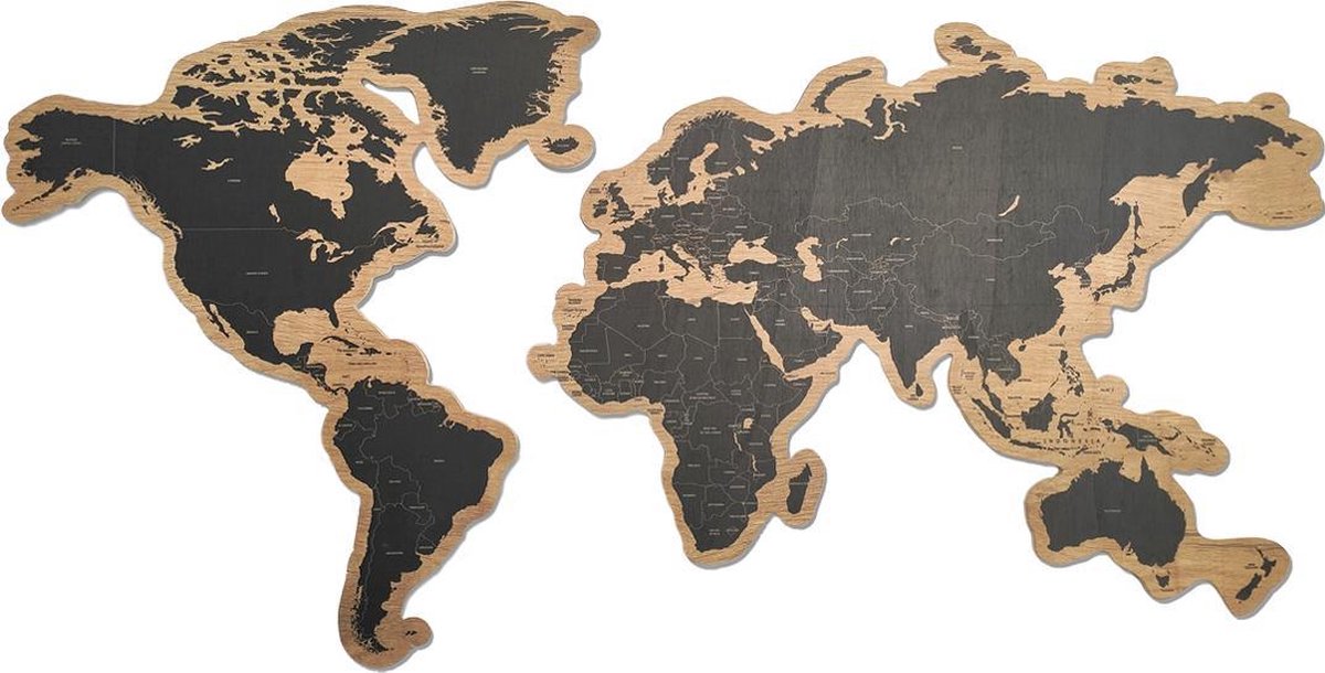 Wereldkaart op Hout Shape | 120 x 60cm | Gratis 100 koperen pins en ophangsysteem