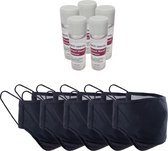 SET van 5 stuks zwarte katoenen mondkapjes mondmaskers met filter en elastiek + 5 stuks desinfecterende handgel 40 ML