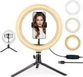 LED Ringlamp met Statief Smartphone | 3 licht niveaus met 10 helderheid niveaus | TikTok | Youtube | Make-up | Selfie Ring Light | ⌀ 26cm | zwart | Studiolamp  | Flitser