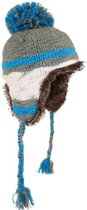 Herman Headwear warme imitatie bontmuts met oorflappen en pompon kleur blauw grijs maat one size