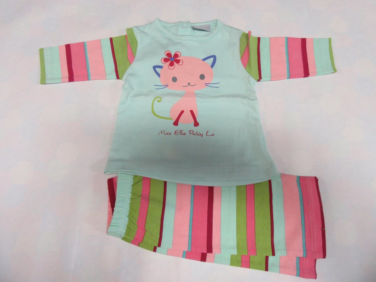 Wiplala , pyjama 2 delig voor meisje groen , poesje , 68 - 6 maand